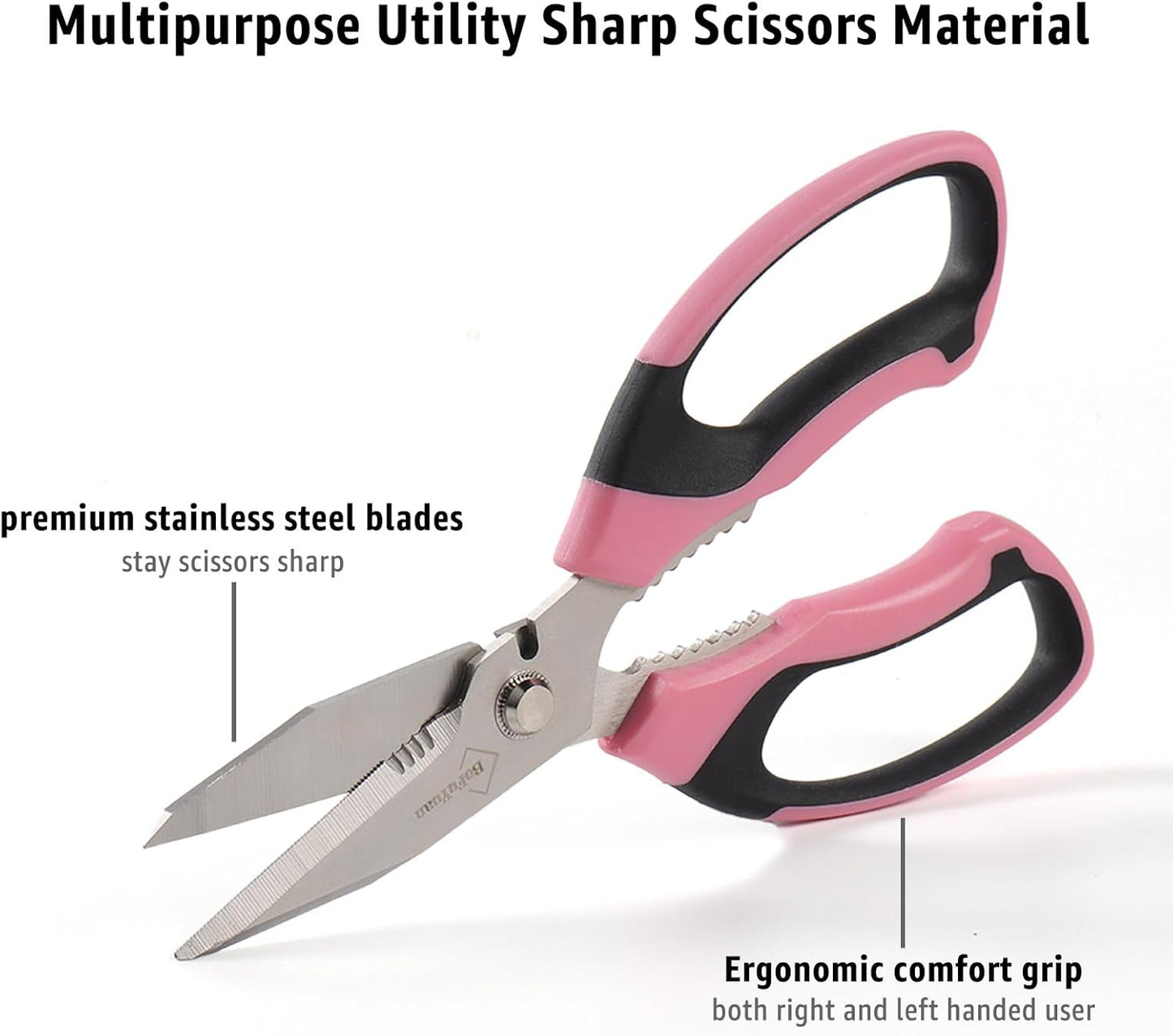 8-Inch Heavy Duty Utility Scissors All Purpose, Serrated Blade, Pink Comfort Grip for Cutting Carpet, Cardboard, Leather, Fabric, Multipurpose Sharp Shears for Kitchen, Garden, Office, Carft