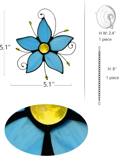 Stained Glass Window Hanging Flower Ornaments,Forget Me Not Blue Flower Suncatcher for Window, Home Decor of Living Room, Gift for Women Valentine's Day & Birthday & Christmas.
