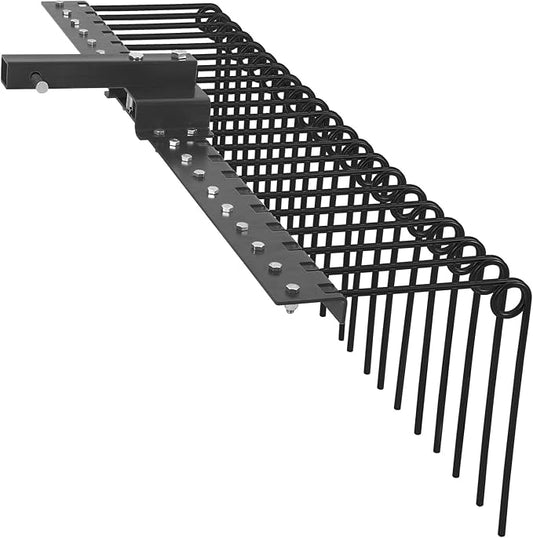 60 Inch Durable Pine Straw Rake Powder Coated Steel Landscape Rake Fits 2" Receiver for Lawn Tractors or ATV/UTV, Orange