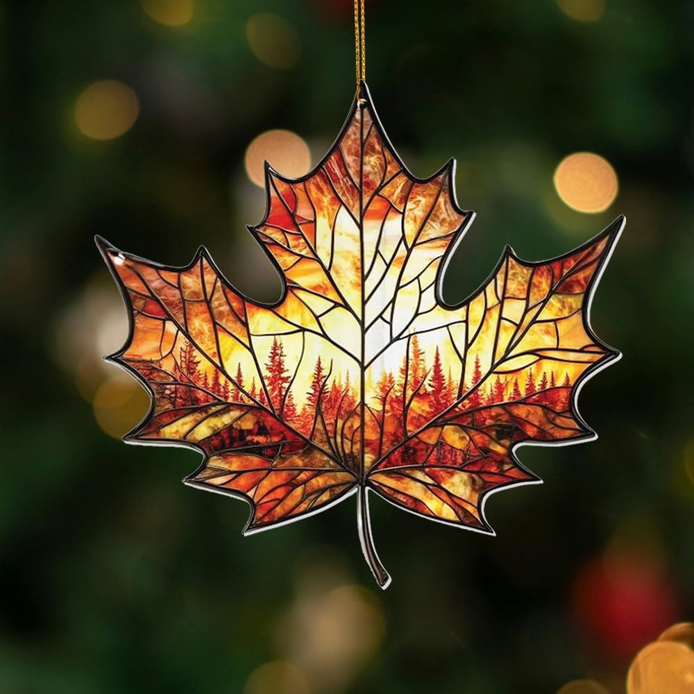 Stained Glass Acrylic Maple Leaf Ornament – Autumn & Christmas Tree Decoration 2025, Fall Harvest Sun Catcher, Nature-Themed Holiday Décor, Maple Leaf Gift for Home & Garden(Sun-14)