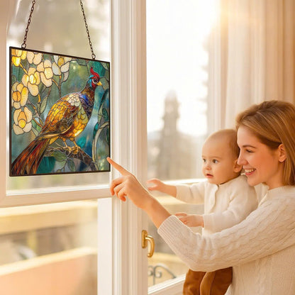Customized Rectangle Art Nouveau Golden Pheasant Stained Glass Suncatcher Stained Glass Window Hangings Birthday Gift for Mom Grandma Teacher Women Friend Memorial Hook