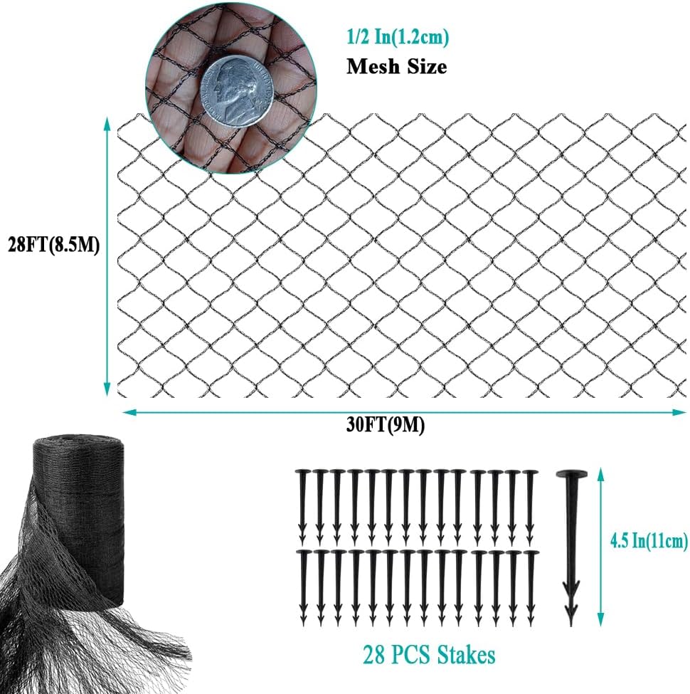 Koi Pond Netting for Leaves 30x30 Ft, 1/2 in Strong Woven Fine Mesh Pond Leaf Net Cover, Protecting Koi Fish from Herons, Raccoons, Birds, Cats & Predators, 28 Pcs Stakes Included