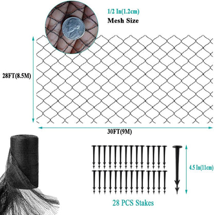 Koi Pond Netting for Leaves 30x30 Ft, 1/2 in Strong Woven Fine Mesh Pond Leaf Net Cover, Protecting Koi Fish from Herons, Raccoons, Birds, Cats & Predators, 28 Pcs Stakes Included
