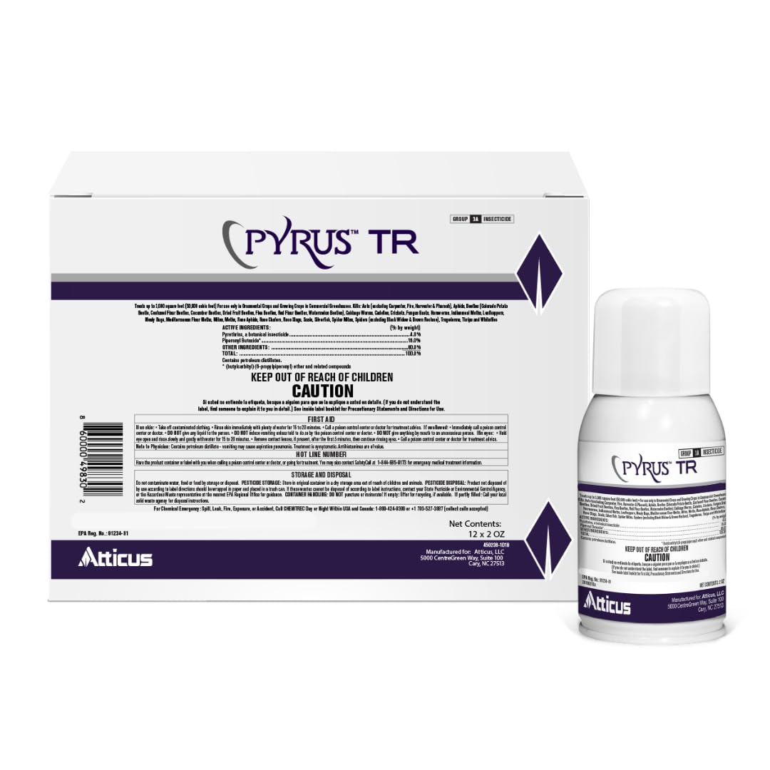 Atticus Pyrus TR Greenhouse Fogger (12 Pack) - Total Release Pyrethrin Insecticide/Miticide - Controls Mites, Thrips, Aphids, Whiteflies, Fungus Gnats (Packaging May Vary)