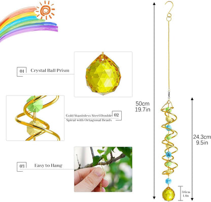 H&D HYALINE & DORA Glass Gazing Ball Spiral Tail Decorative Sun Catcher,20.5in Rainbow Maker Double-Spiral W/Yellow Crystal Ball Prism Sun Catcher for Indoor Outdoor Garden Decoration