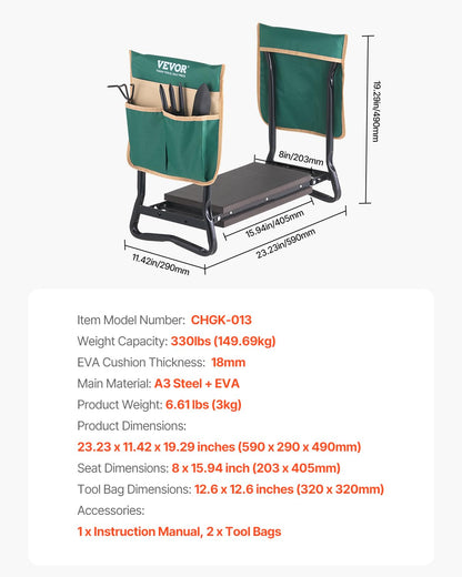 VEVOR Garden Kneeler and Seat, 330 lbs Load Capacity, 8" EVA Wide Pad, Foldable Garden Stool