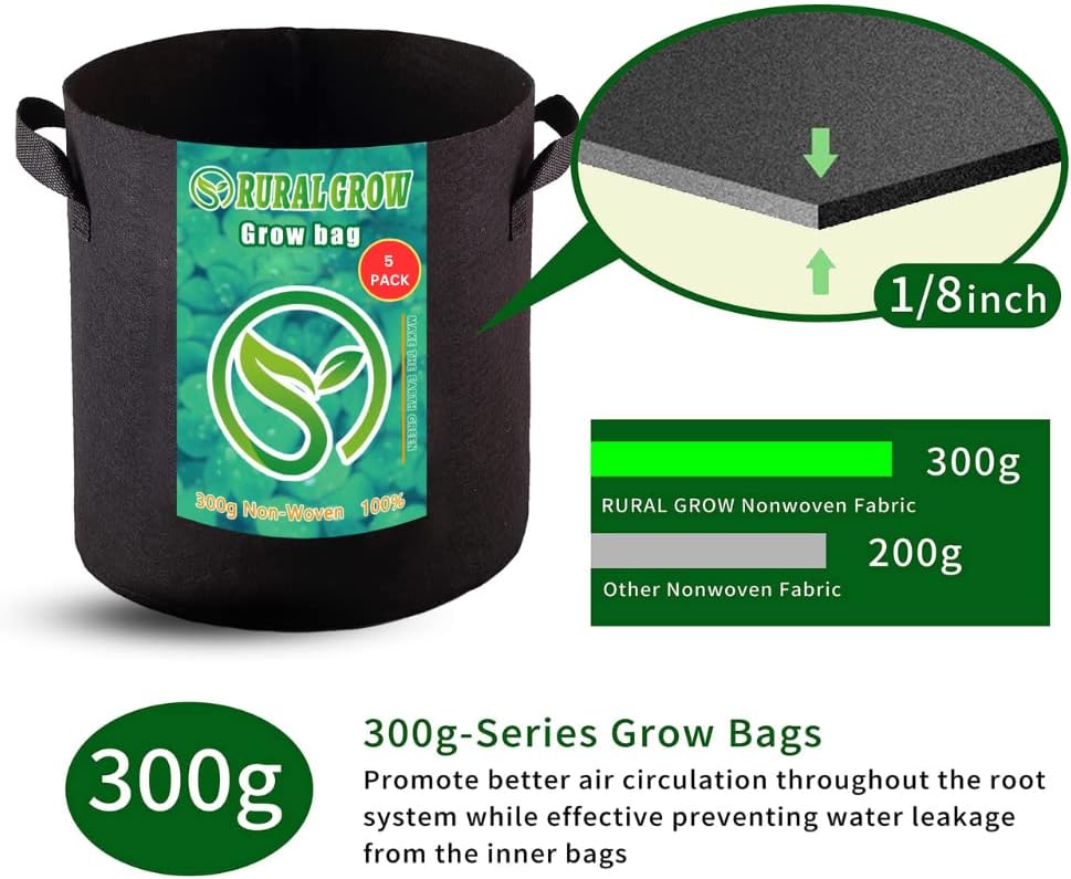 7 Gallon Grow Bags, 5-Pack Fabric Pots 300G Thickened Aeration Non-Woven Grow Bag 7 Gallon with Handles, Garden Bags to Grow Vegetables, Fruits