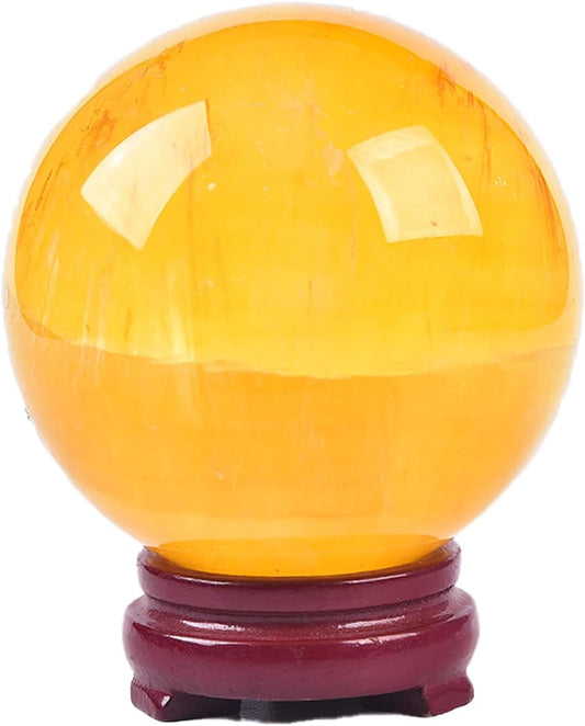 JIC Gem Large Yellow Fluorite Crystal Sphere Ball with Wooden Stand Yellow Healing Crystal
