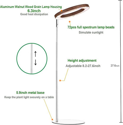 yadoker 144 LEDs Plant Grow Light for Indoor Plant,Aluminum Walnut Wood Grain Desk LED Grow Light, Height Adjustable,6.3" Aluminum Housing,Automatic Timer with 8/12/16 Hours,10-Level Brightnes