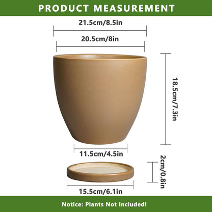 Ceramic Pots for Plants - 8 Inch Planter, Indoor Plant Pot with Drainage Hole and Saucers, Modern Flower Planter, Home Garden Patio Bathroom Porch Room Decor, Brown