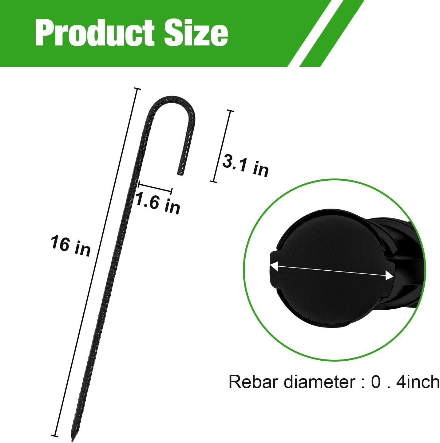 ERYTLLY 16In Rebar Stakes J Hook Heavy Duty Galvanized Metal Stakes for Ground Barrel Soil Tent Swing Set Anchors Fence Stakes Curved Steel Plant Support Garden Stakes with Hooks (16in 8pk)