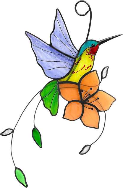 Handmade Stained Glass Hummingbird Suncatcher, Lavender-Purple Bird with Peach-Fuzz Flower Window Hanging Decor, Art Glass Ornament, Unique Gifts for Mom, Bird Lovers & Home Decoration