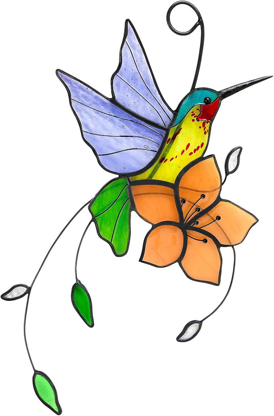 Handmade Stained Glass Hummingbird Suncatcher, Lavender-Purple Bird with Peach-Fuzz Flower Window Hanging Decor, Art Glass Ornament, Unique Gifts for Mom, Bird Lovers & Home Decoration