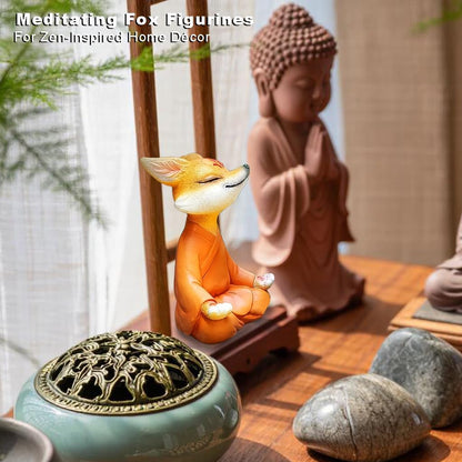 Meditating Buddha Fox Statue Resin Zen Animal Sculpture Yoga Figurine Indoor Outdoor Fengshui Decor for Patio Garden Yard Lawn Tabletop Planter Ponds Pot Bookshelf Ornaments Gifts Orange