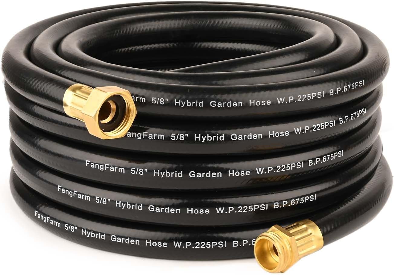 Hybrid Garden Hose 50FT - 5/8" Durable Sturdy and Functional Rubber Hose with Brass Fittings - UV Resistant Leak Proof for Large Gardens and Outdoor Use