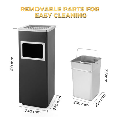 Trash Can Outdoor Waste Container Square Stainless Steel Trash Can with Removable Inner Bucket for Disposal Commercial Waste Container 9.45‘’ x 9.45‘’ x 24.02‘’-Black