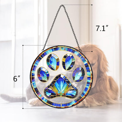 Dog Cat Paw Print Suncatcher Stained Glass Window Hanging - Handmade Stained Glass Panel Suncatchers for Windows Hanging - Sun Catchers Indoor Window Decor Memorial Catcher Remembrance Birthday Gift