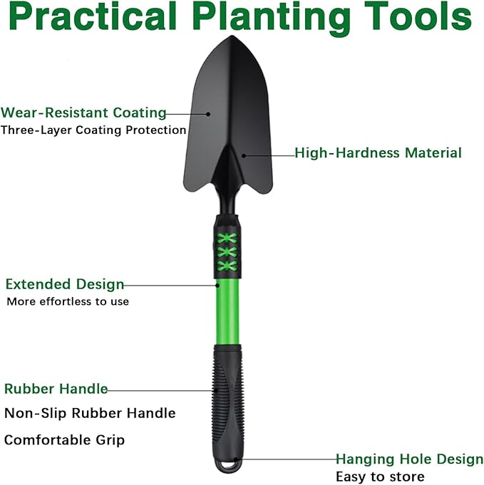 Garden Tool Set, 3Pack Gardening Tools, Stainless Steel Heavy Duty Hand Cultivator, Hoes, Shovel, for Planting Weeding Digging, Green