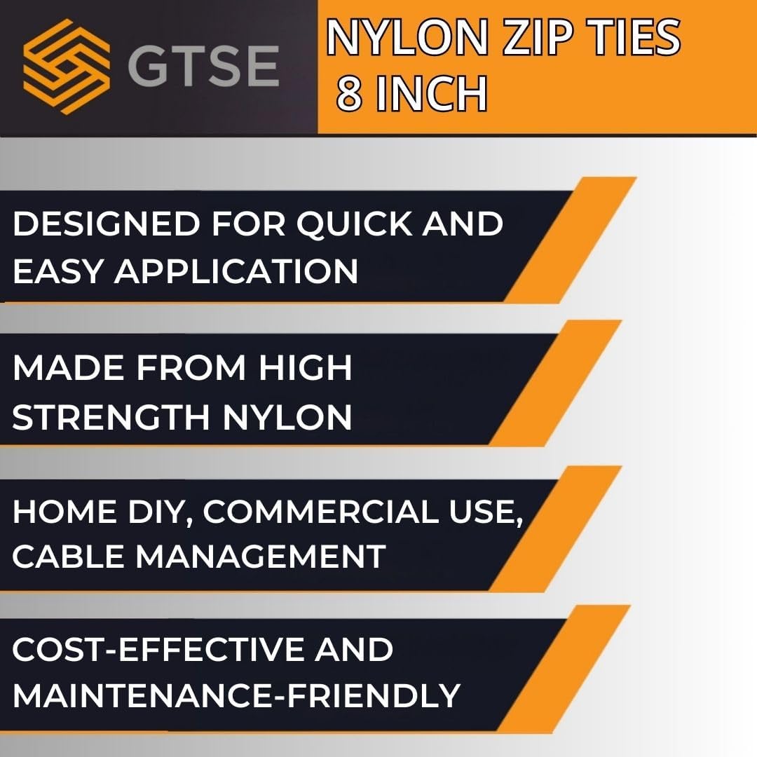 GTSE 8 Inch White/Clear Zip Ties, 100 Pack, 50lb Strength, UV Resistant Strong Nylon Cable Ties, Self-Locking 8" Tie Wraps