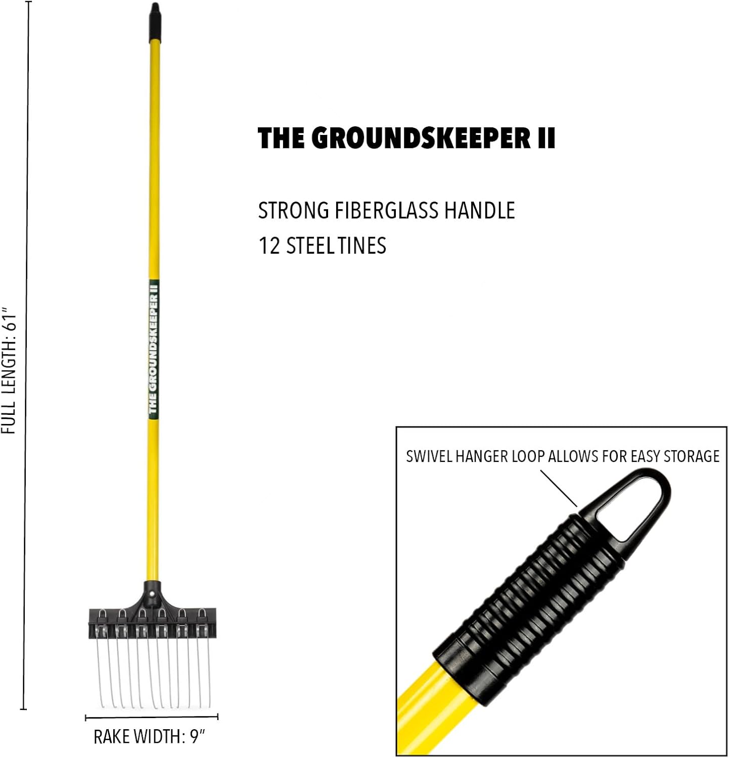 THE GROUNDSKEEPER II Shrub Rake 55-inch Lightweight Fiberglass Handle, 9-inch Head, Durable Steel Tines for Gardening, De-Thatching or Professional Landscaping