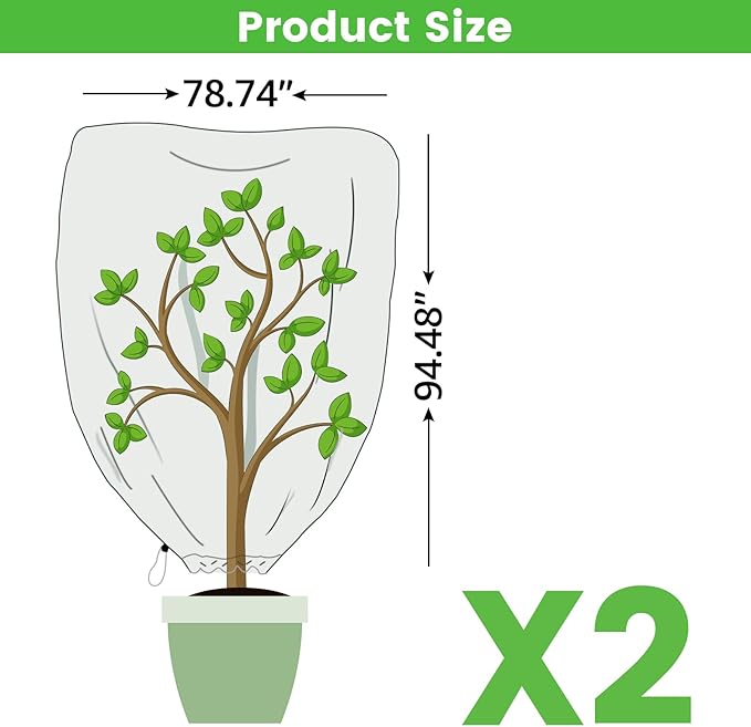 Bonviee 2 Packs Plant Covers Freeze Protection- 78.74”×94.48”Frost Cloths for Outdoor Plants, Reusable Frost Blankets for Outdoor Plants with Zipper and Drawstring for Winter