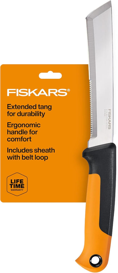 Fiskars Harvesting Knife with Serrated Edge, Gardening Hand Tool with Flat Tip Blade and Sheath, Perfect for Thick Stalks and Stems