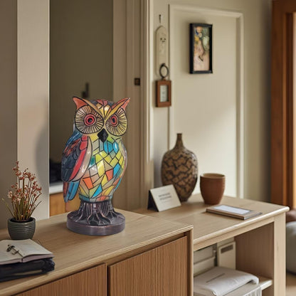 Tiffany Style Owl Table Lamps - Hand-Drawn Vintage Resin Colorful Tiffany Owl Lamp for Bedroom Living Room Nursery Office, Whimsical Animal Desk Lamp, Unique Gift for Mom.