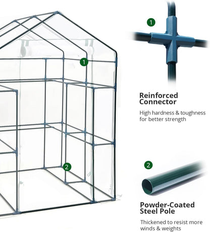 KING BIRD Premium Greenhouse for Outdoors, 56 x 56 x 77 Upgraded PVC Cover & Steel Frame Walk in Hot House, w/ Zippered Screen Windows Mesh Door, 3 Tiers 14 Shelves for Outside Garden, Clear