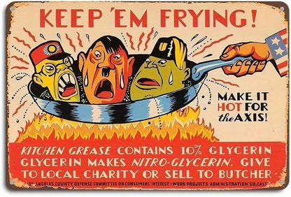 Keep 'Em Frying" WWII Vintage Metal Sign - 8x12" Aluminum Wall Art for Home, Kitchen, Bar, Cafe & Garage Decor - Easy Install