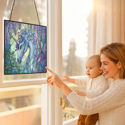 Personalized Rectangle Art Nouveau Wisteria Unicorn Stained Glass Window Hangings Stained Glass Suncatcher Birthday Gift for Mom Grandma Teacher Women Friend Memorial Hook