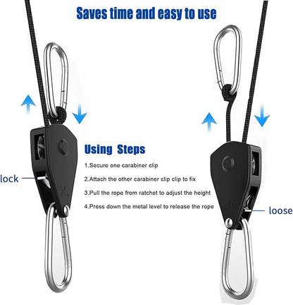 Grow Light Rope Hanger 50Pairs，1/8" 8-Feet Long Heavy Duty Adjustable Rope Clip Hanger, Adjustable Rope Ratchet Hangers 150 Lbs per Pair Used with Grow Light, Grow Bags