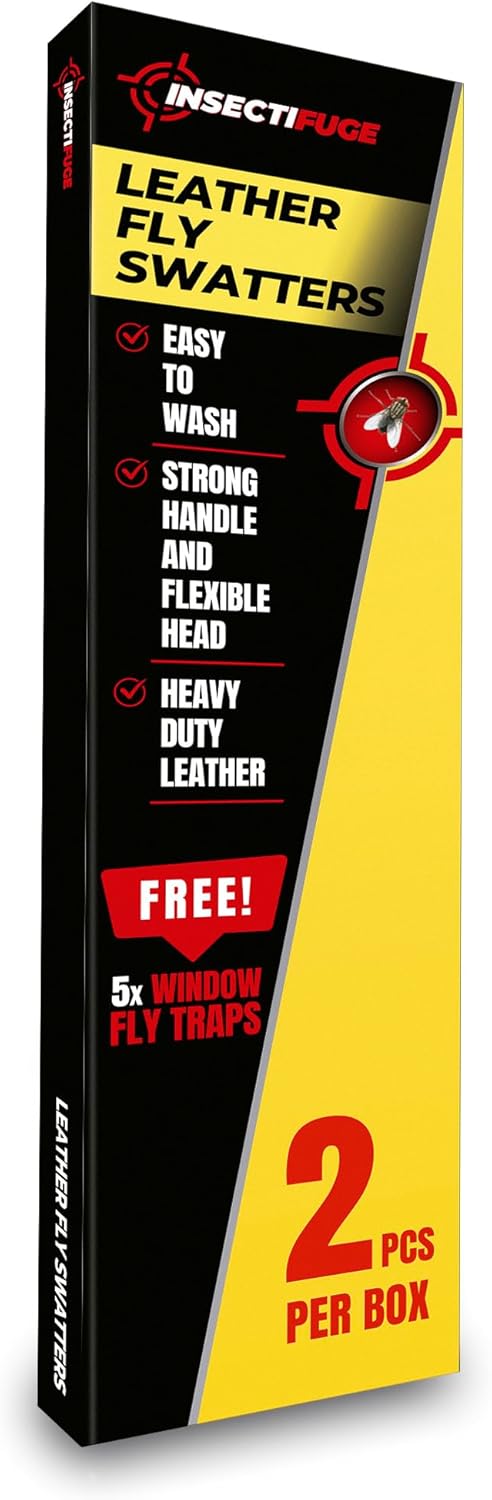 Leather Fly Swatter 2 Pack with 5 Window Fly Traps - Heavy Duty Fly Swatter Manual, Retractable Indoors Outdoors, Large Swatters Multi Pack Long Handle, MATA Moscas