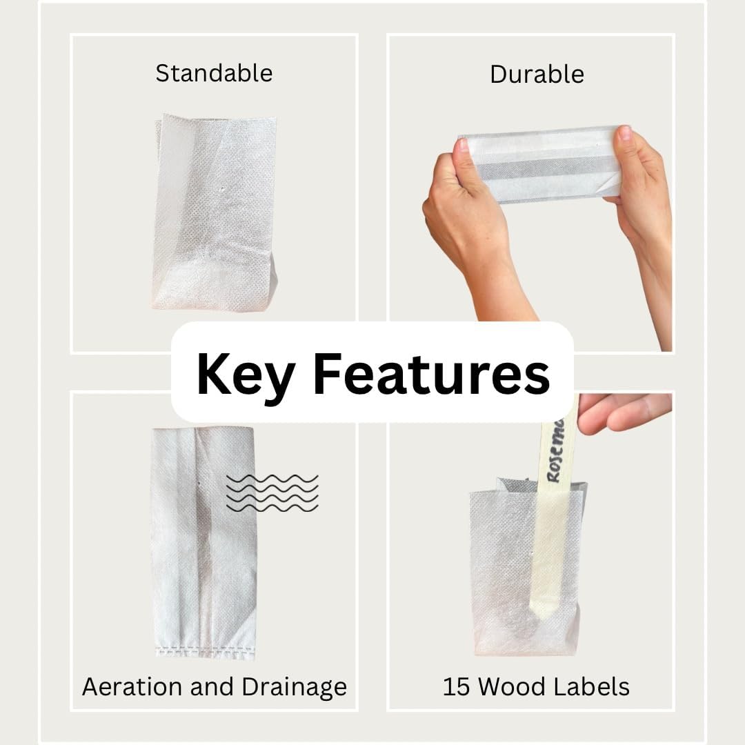 15-Pack Biodegradable Plant Grow Bags 3.5 Inch with Wooden Labels – Eco-Friendly Fabric Pots for Seedlings, Herbs, Flowers - Indoor Outdoor – Plastic-Free Gardening Gift