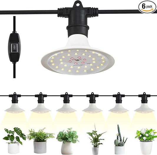 Outdoor Grow Lights for Plants, Full Spectrum Greenhouse Grow Light, Waterproof String Grow Light, 22FT Adjustable Cord, for Vegetables, Seedlings, Flowers (6 Lights)