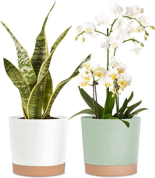 kubvici 8'' Plastic Flower Planter Pots Set of 2 Indoor Outdoor Planters with Drainage Saucer for Garden Home (Green & White, 8 inch)