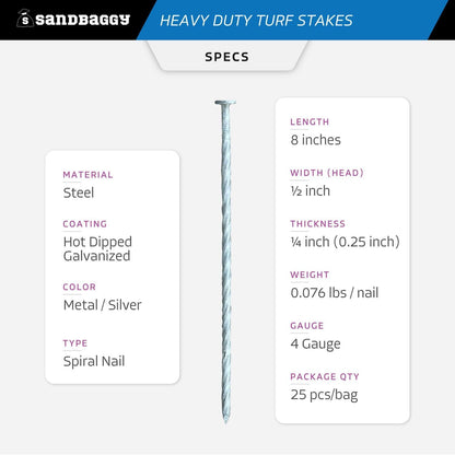 Sandbaggy 8" Heavy Duty Galvanized Artificial Turf Stakes - Spiral Landscape Nails - Ground Spikes/Pins - Synthetic Grass, Lawn, Edging, Weed Barrier Fabric, Garden (8 inch - Heavy Duty, 100, Count)