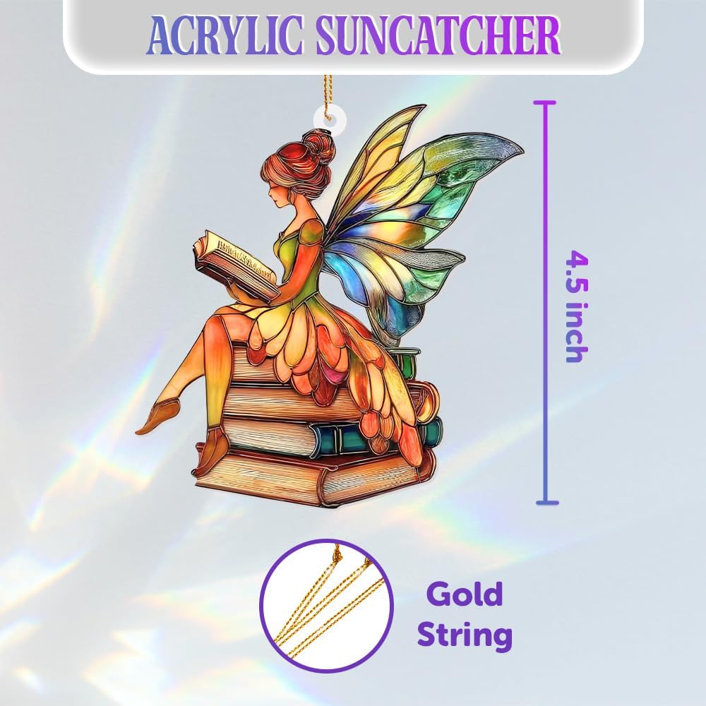 Reading Fairy Book Ornament – Stained Glass Style Acrylic Christmas Ornament, Book Lover Gift for Women, Teacher & Librarian Book Club Decorations, Fantasy Ornament Holiday Décor(Sun-15)