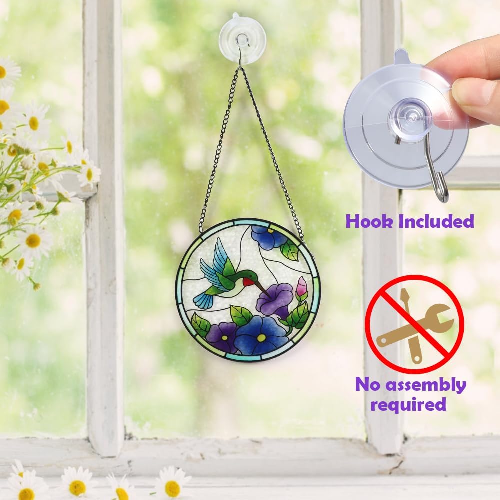 Vindar Hummingbird Suncatcher - Stained Glass Window Hanging, 6 Inch Hand Painted Double Sided Glass Panel, Hummingbird Decor Gift for Mom, Bird Lover