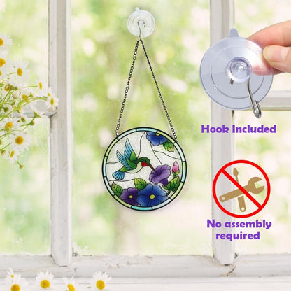 Vindar Hummingbird Suncatcher - Stained Glass Window Hanging, 6 Inch Hand Painted Double Sided Glass Panel, Hummingbird Decor Gift for Mom, Bird Lover