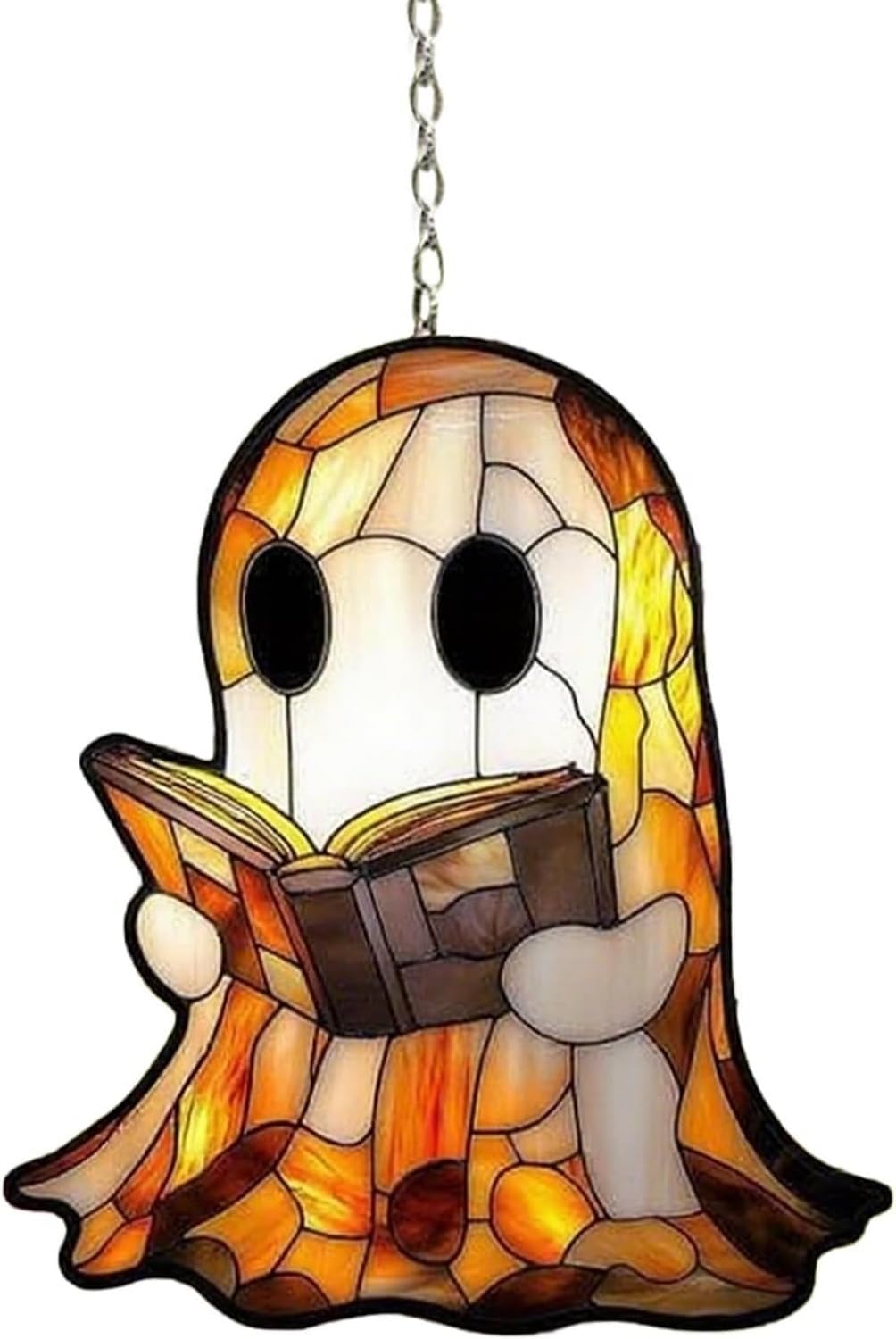 7.8inch Cute Ghost Suncatcher,Acrylic Suncatchers Reading Books Ghost Decor，Indoor Sun Catcher Windw Hanging，Halloween Stained Glass Decor for Room Family Wall Party