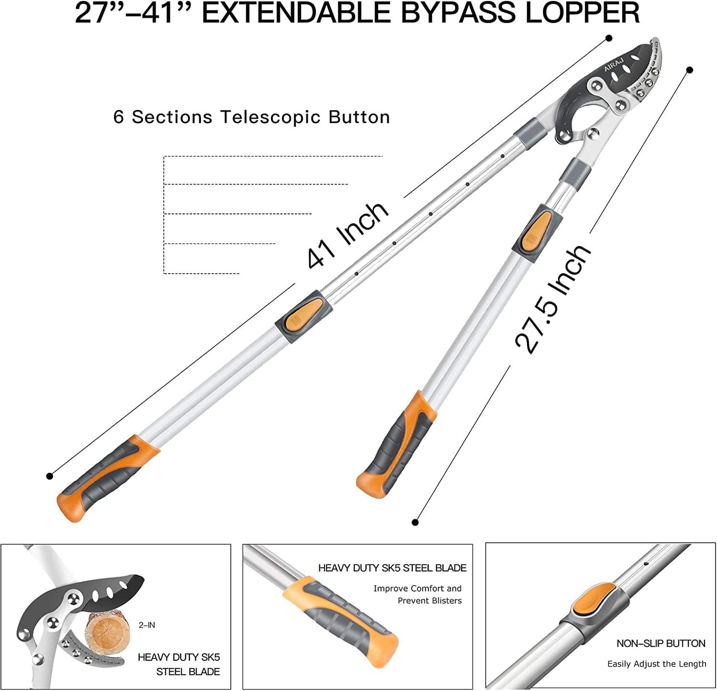 AIRAJ 27-41'' Extendable Anvil Loppers Heavy Duty with Compound Action, Tree Trimmer with 2 Inch Cutting Capacity, Chops Thick Branches Ease,Heavy Duty Tree Pruner with SK5 Spare Blade