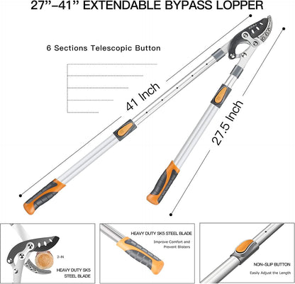 AIRAJ 27-41'' Extendable Anvil Loppers Heavy Duty with Compound Action, Tree Trimmer with 2 Inch Cutting Capacity, Chops Thick Branches Ease,Heavy Duty Tree Pruner with SK5 Spare Blade