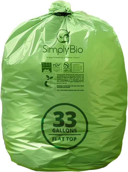 30-33 Gallon Compostable Trash Bags with Flat-Top, Heavy Duty Extra Thick 1.57 Mil, 124.92 Liter