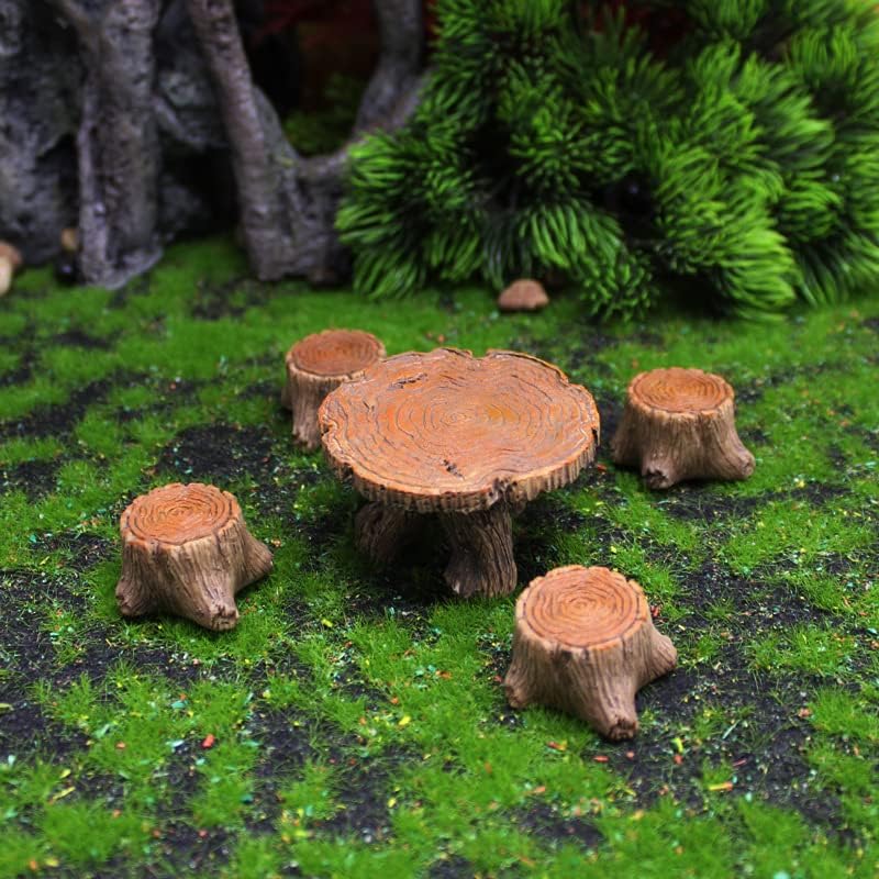 Miniature Tree Stump Garden Furniture Set, Brown Resin, Fairy Garden Decor, Indoor Outdoor Terrarium Accessories for Micro Landscape
