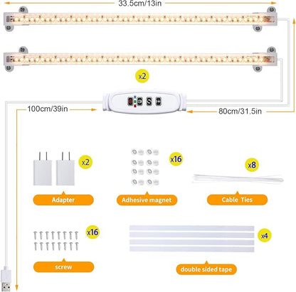 Two Strip Growing Lamp for Indoor Plants, 3500K Full Spectrum LED Grow Light Strips with Auto ON/Off 3/9/12H Timer & 10 Dimmable Levels for Green House Succulent (2 Headx2 Pack)