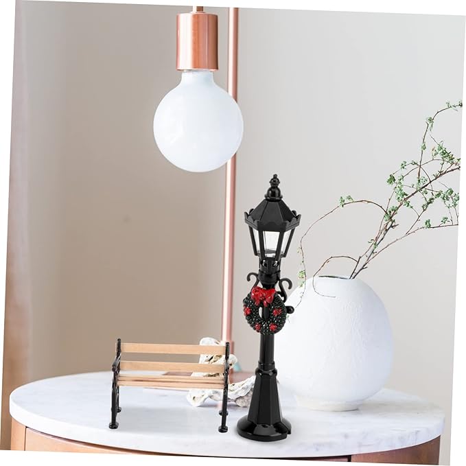 2pcs Christmas Street Lamp Post and Miniature Park Bench Seat Mini Street Light Model Dollhouse Christmas Village Pathway Lantern Post Fairy Garden Accessories