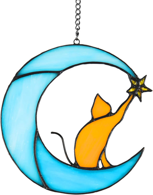 Stained Glass Cat on Moon Pick Star Window Hanging Suncatchers Memorial Gift Decor for Women
