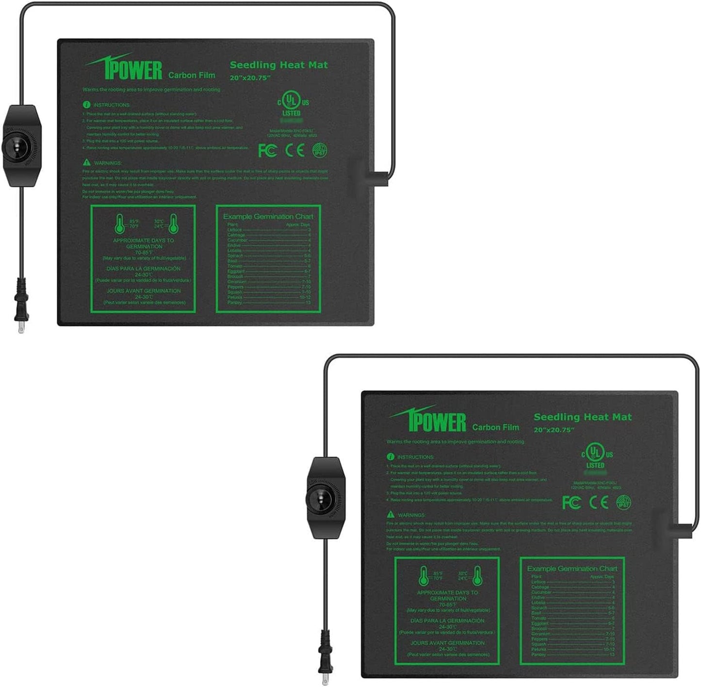 iPower 2 Pack 20" x 20.75" Seeding Heat Mat with Thermostat Temperature Adjustable Knob Durable Warm Hydroponic Plant Germination Starting Pad, Black