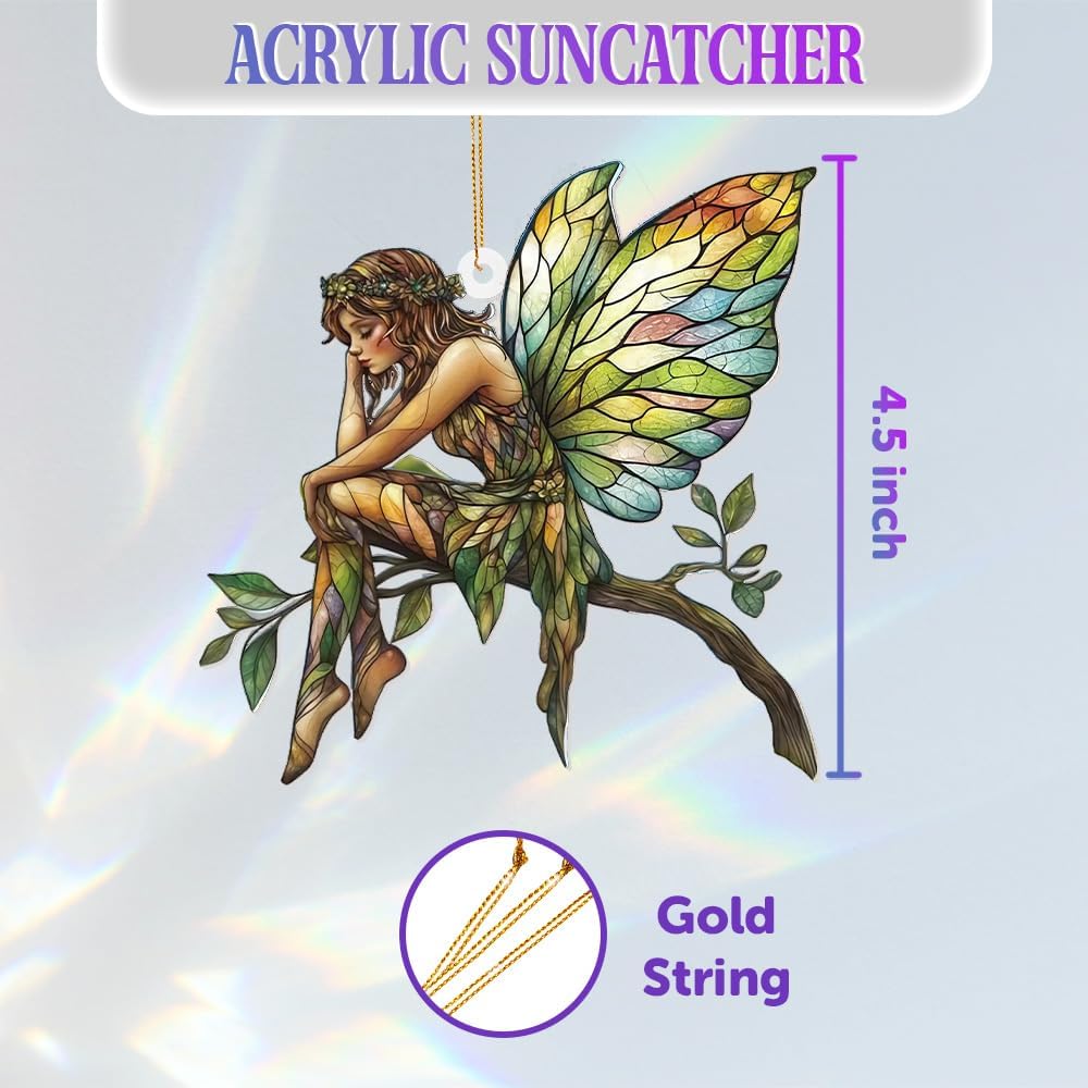 Stained Glass Fairy Ornament – Acrylic Suncatcher Window Hanging, Woodland Fantasy Decor, Christmas Tree Ornament 2025, Car Rearview Mirror Charm, Gift for Fairy Lovers, Women, Girls, Teachers(Sun-10)