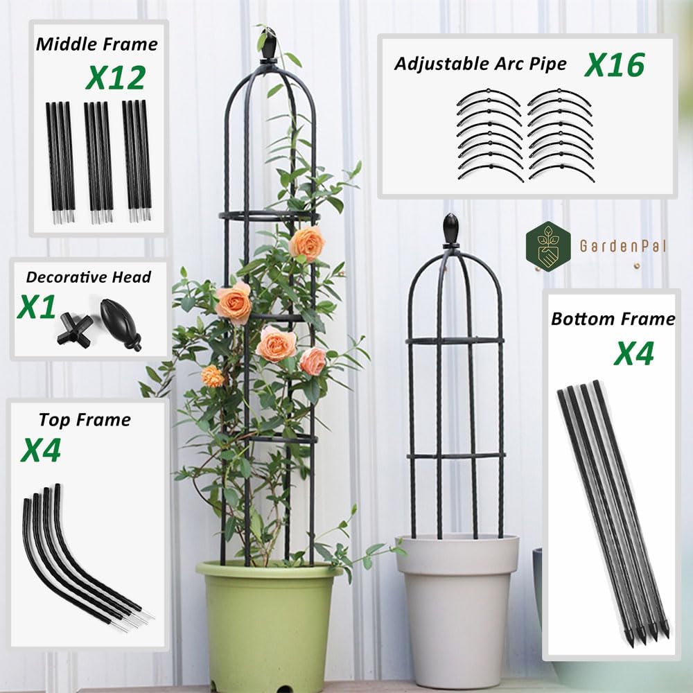GardenPal Rustproof Metal Pipe Garden Obelisk Trellis, Tomato Cage and Plant Support for Climbing Plants, Potted Tall Plant Stakes for Vine Vegetable Flower Outdoor Indoor (Black, Φ31.7cm-H175cm)